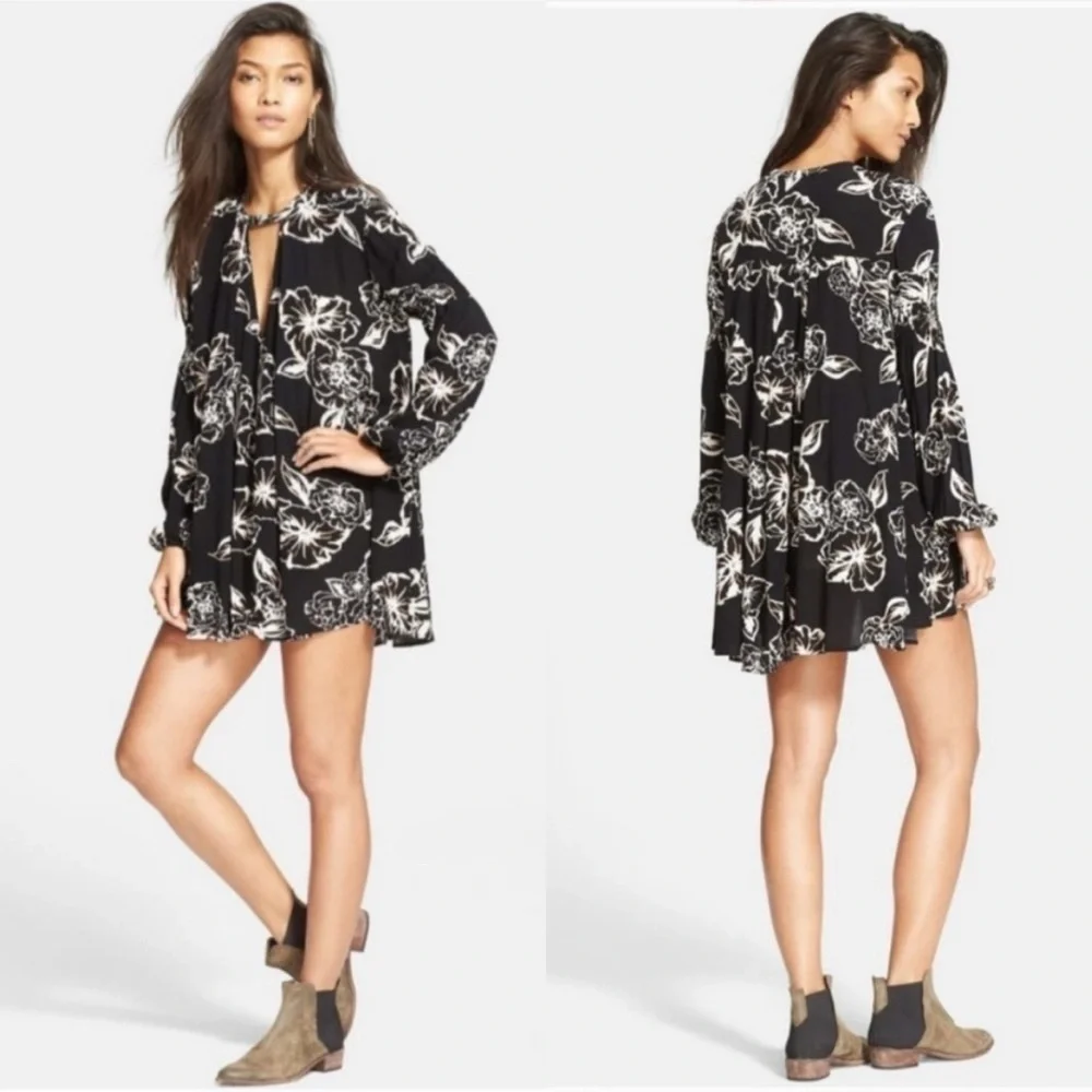 Free People Black and Cream Floral Long Sleeve Dress